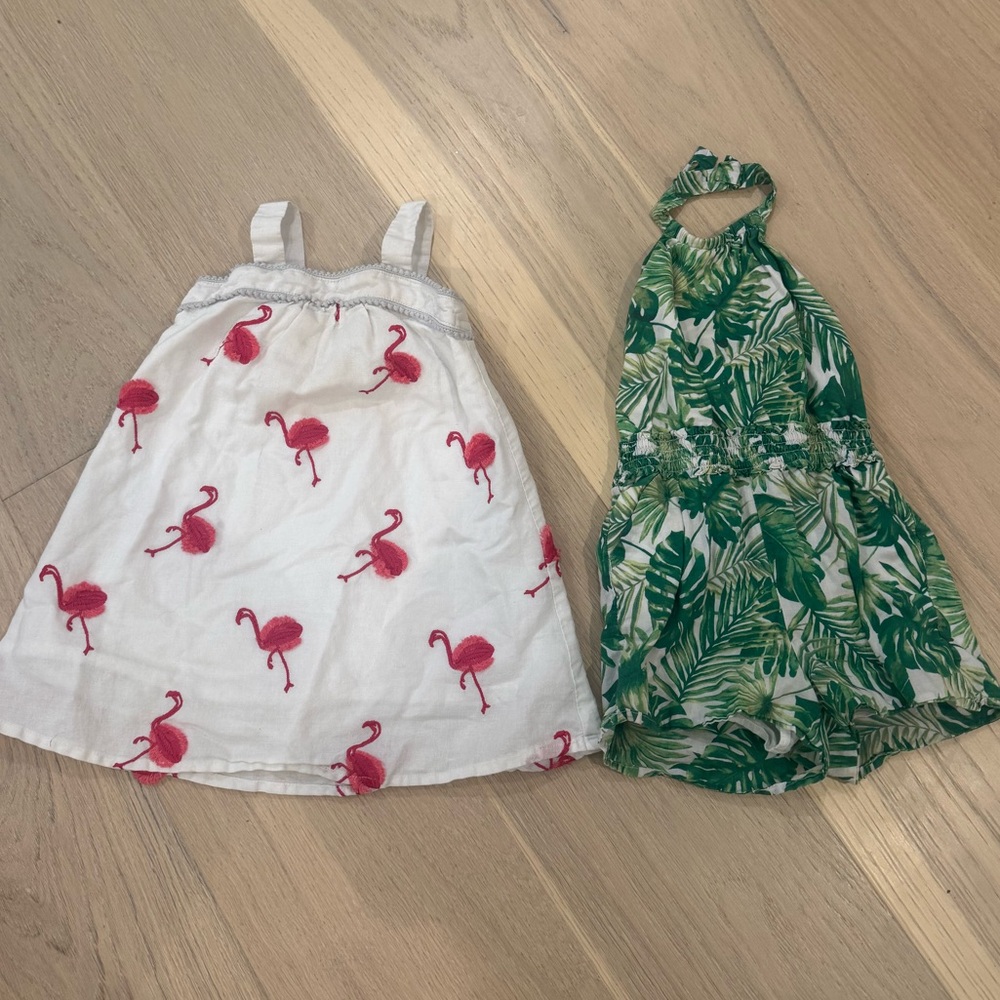 Embroidered Flamingo Dress and Green Leaf Print Romper